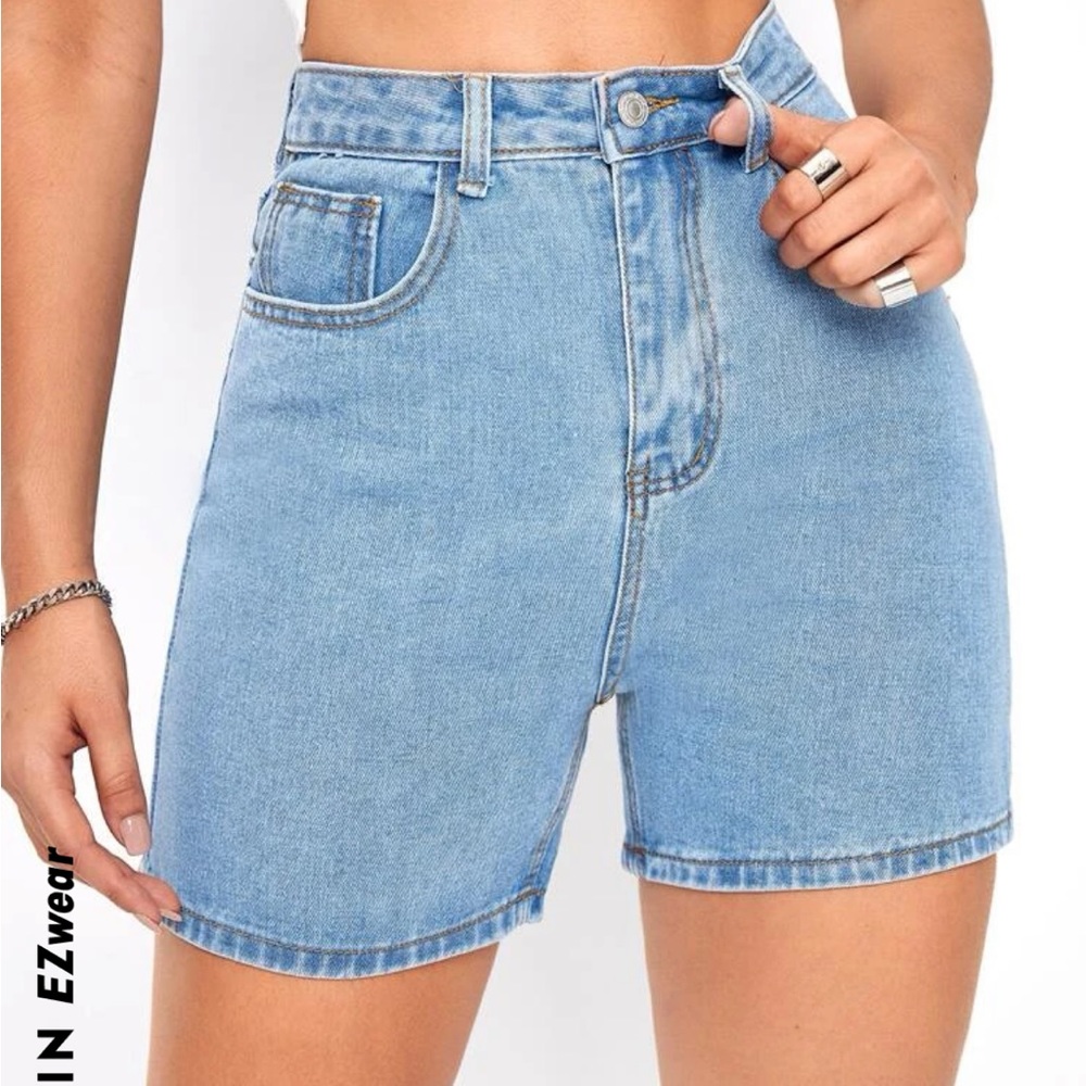 SHEIN EZwear Straight Leg Solid Denim Shorts